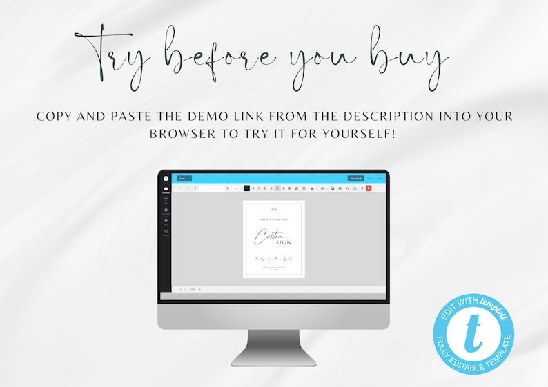 May include: A computer screen displaying a mockup of a customizable sign template. The sign says "Custom Sign" and is designed in a minimalist style with a handwritten font. The text "Edit with Templett" is visible in a blue circle with a white "t" in the lower right corner of the image.