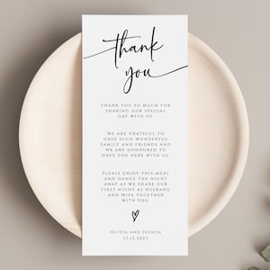 Moderne Dankeschön-Platzkartenvorlage, Gedeck Danke, minimalistisches Skript Hochzeitsmahlkarte zum Ausdrucken, bearbeitbarer Download #BL77