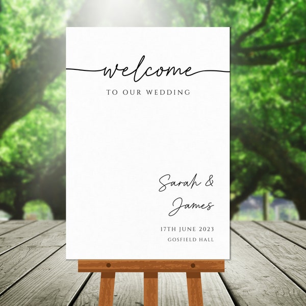 Large wedding welcome sign template, vertical welcome to our wedding sign, diy sign minimalist black & white script, editable download #BL46