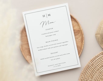 Monogram Wedding Menu Template, 4x6 5x7 Wedding Menu Sign, Black