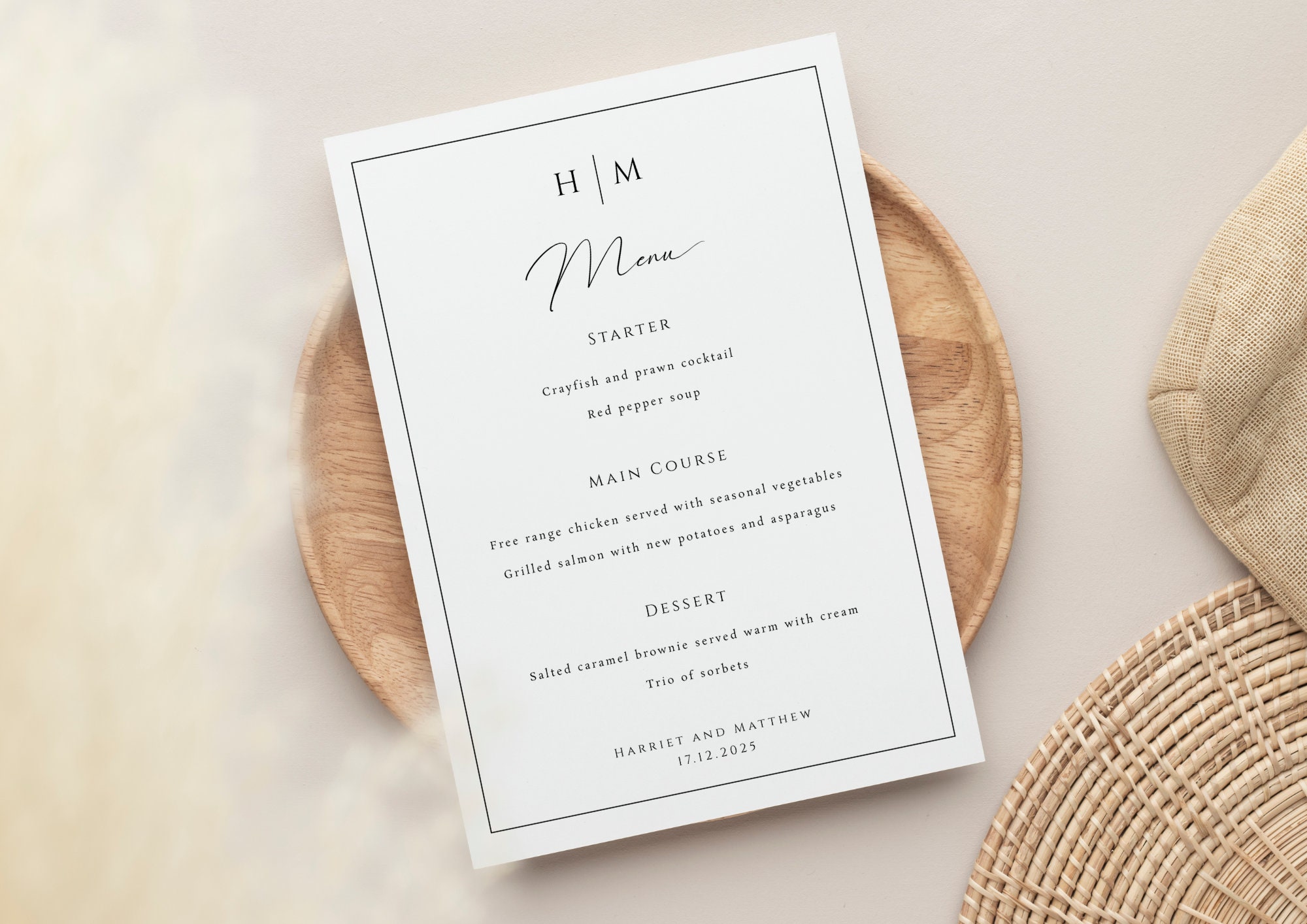 Monogram Wedding Menu Template, 4x6 5x7 Wedding Menu Sign, Black