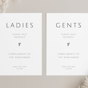 Modern wedding bathroom sign template, wedding ladies gents basket sign, compliments of the newlyweds bathroom sign, editable download #BL12
