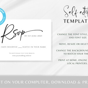Mall för bröllops-OSA-kort, gör-det-själv-OSA-kort, minimalistiskt bröllopssvar, svartvitt modernt OSA-skript, redigerbar nedladdning #BL77 bild 2