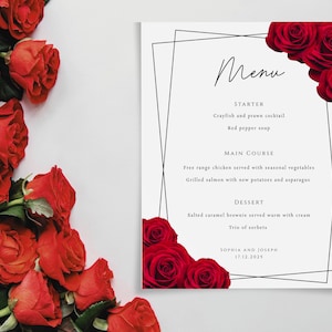 Rode bruiloft menusjabloon, rode en zwarte bruiloft menukaart, roos en grens afdrukbare bruiloft diner, diy menu 8 x 10 bewerkbare download #BL2
