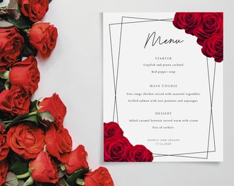 Red wedding menu template, red and black wedding menu card, rose and border printable wedding dinner, diy menu 8x10 editable download #BL2