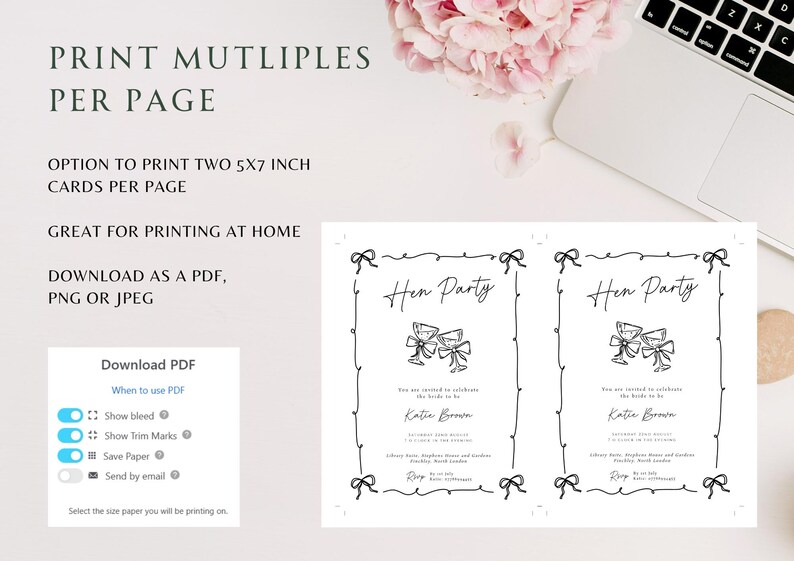 May include: Two black and white "Hen Party" invitations with champagne glasses and bow accents. The text includes "Print Multiples Per Page" and "Download as a PDF, PNG or JPEG". The invitations are 5x7 inches.
