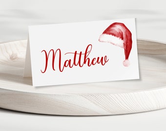 Christmas place card template, Santa hat Christmas dinner name card, editable download, diy print at home Christmas party place card