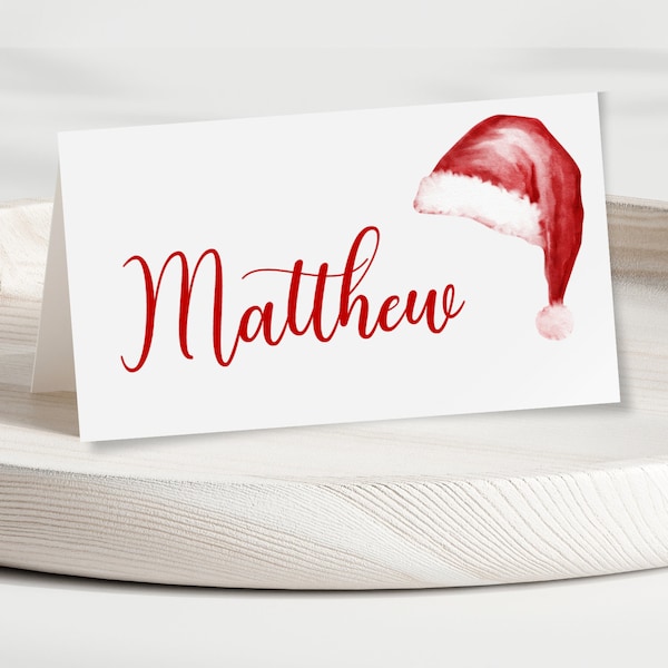 Christmas place card template, Santa hat Christmas dinner name card, editable download, diy print at home Christmas party place card