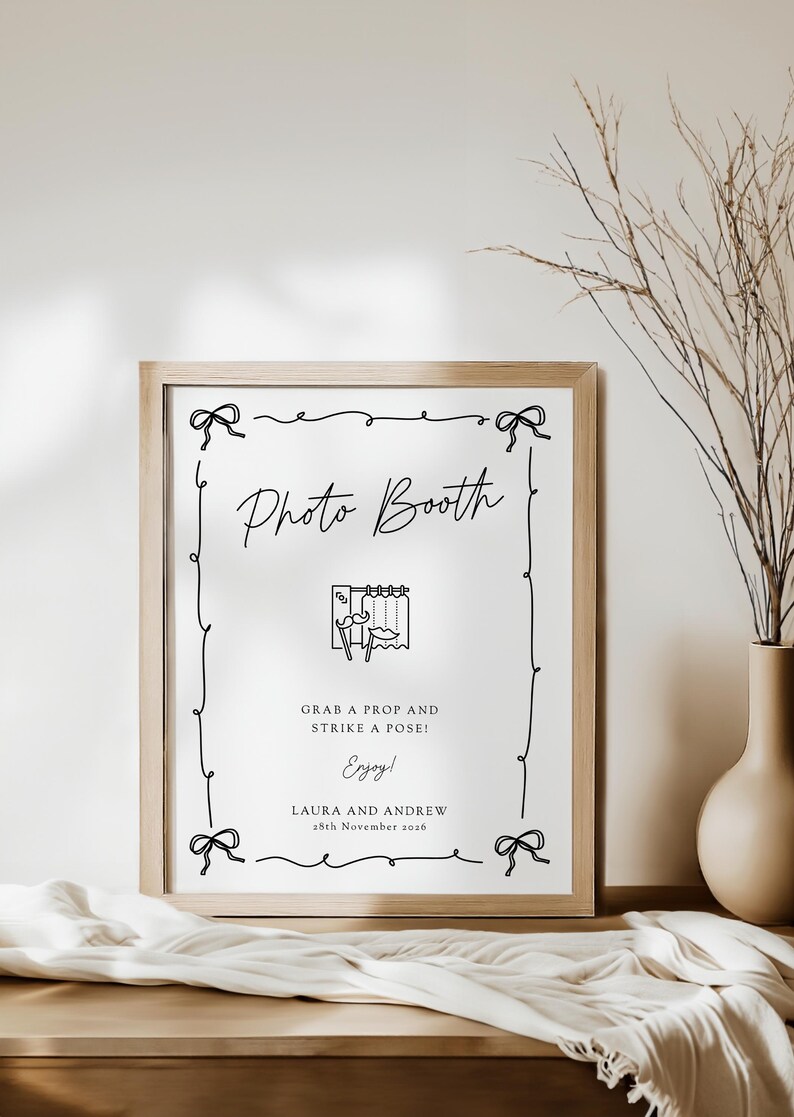 Wavy Bow Photo Booth Sign Template With Icon: Printable Wedding Decor ...