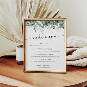 Eukalyptus Kuchen Menü Schild, Hochzeitstorte Menüschild, 4 stöckiges Menü Schild, Menüschild Hochzeit, Kuchen Menü, Menüschild zum ausdrucken, download #BL20