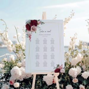 Sjabloon rode bruiloft zitplaatsen bord, tabel bruiloft zitplaatsen bewerkbaar, afdrukbare tafelplan sjabloon rood roze bloemen, groot staand bord #BL85