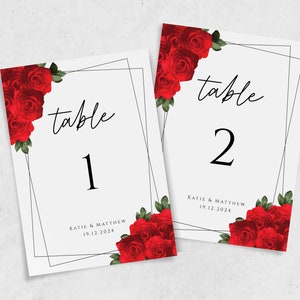 Modèle de numéro de table de mariage, signes de numéro de table rouge et noir, noms de table imprimables, mariage diy rouge et noir, téléchargement modifiable #BL8