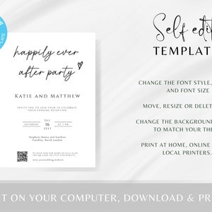 Happily ever after party wedding invitation template, upload your own QR code evening reception invite, print at home, editable invite BL46 image 4