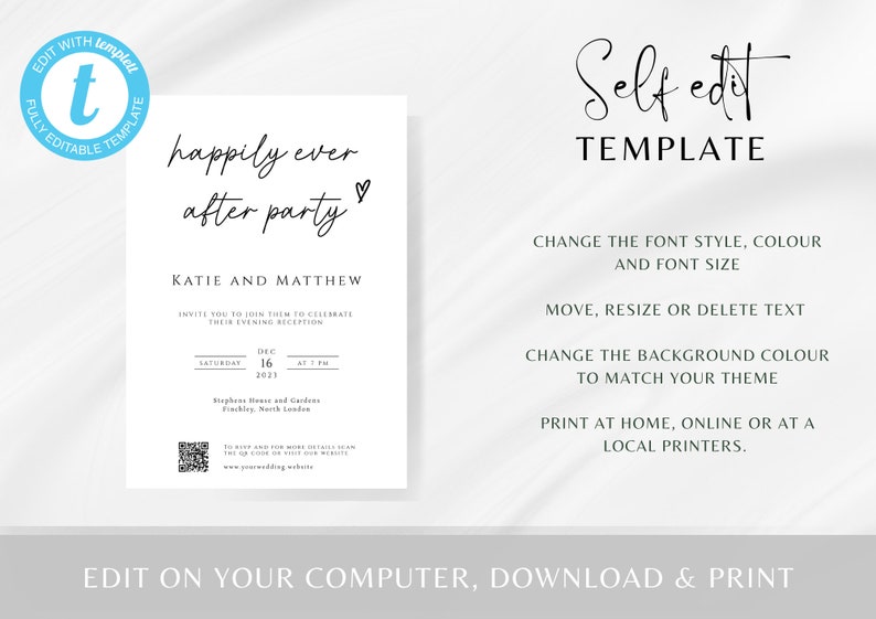 Happily ever after party wedding invitation template, upload your own QR code evening reception invite, print at home, editable invite BL46 image 4