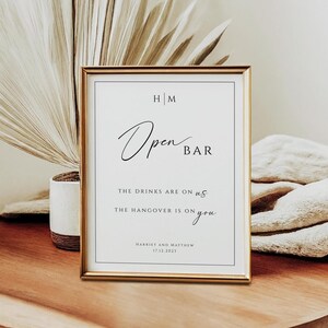 Open Bar Sign Template, Monogram Wedding Open Bar Printable Table Top Sign, Editable Drinks Are On Us, Modern DIY, Templett Digital Download