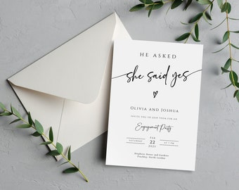 Engagement party invitation template, modern he asked she said yes photo engagement invite, engagement printable, diy editable download BL77