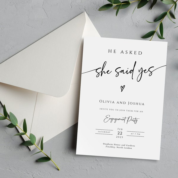 Engagement party invitation template, modern he asked she said yes photo engagement invite, engagement printable, diy editable download BL77