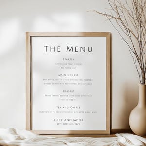 Plantilla de menú moderna, imprimible para bodas, minimalista en blanco y negro, menú de fiesta simple y clásico, descarga Templett editable BL21