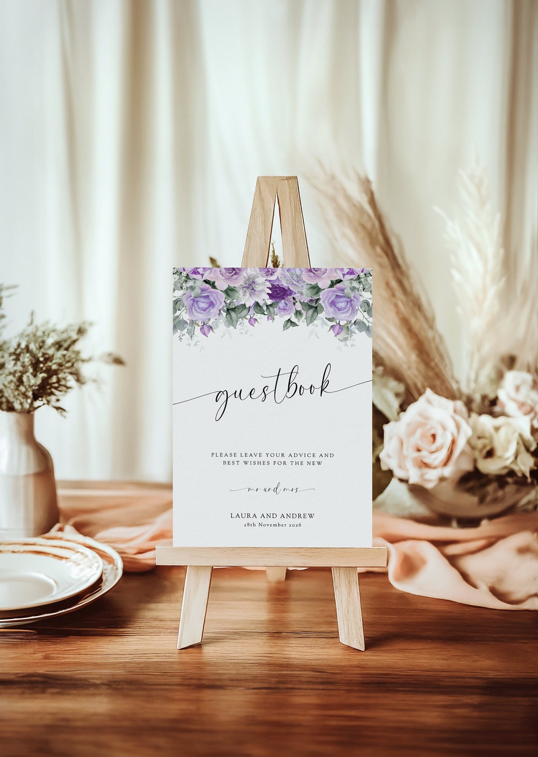 Purple Guestbook Sign Template, Printable Wedding Flower and Greenery ...