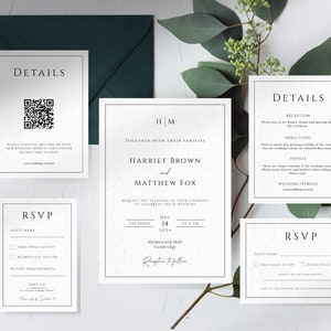 Monogram wedding invitation printable template, simple wedding invite suite with QR code, elegant invite rsvp bundle, editable download BL51