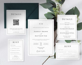 Monogram wedding invitation printable template, simple wedding invite suite with QR code, elegant invite rsvp bundle, editable download BL51