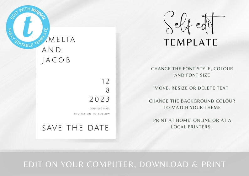 Modern save the date invitation, printable wedding save our date template, add your own photo, double sided editable download, templett image 2