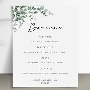 Szablon menu baru weselnego, znak menu napojów eukaliptusowych, drukowana karta menu baru na imprezę z zielenią, zielony znak menu DIY, edytowalny do pobrania #BL9