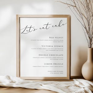 Kuchen Menü Schild zum Ausdrucken, Hochzeit lassen Sie uns Kuchen essen Kuchen Menü bearbeitbar, elegante Kuchen Geschmacksrichtungen 8x10 Tischschild, editierbar Download #BL10