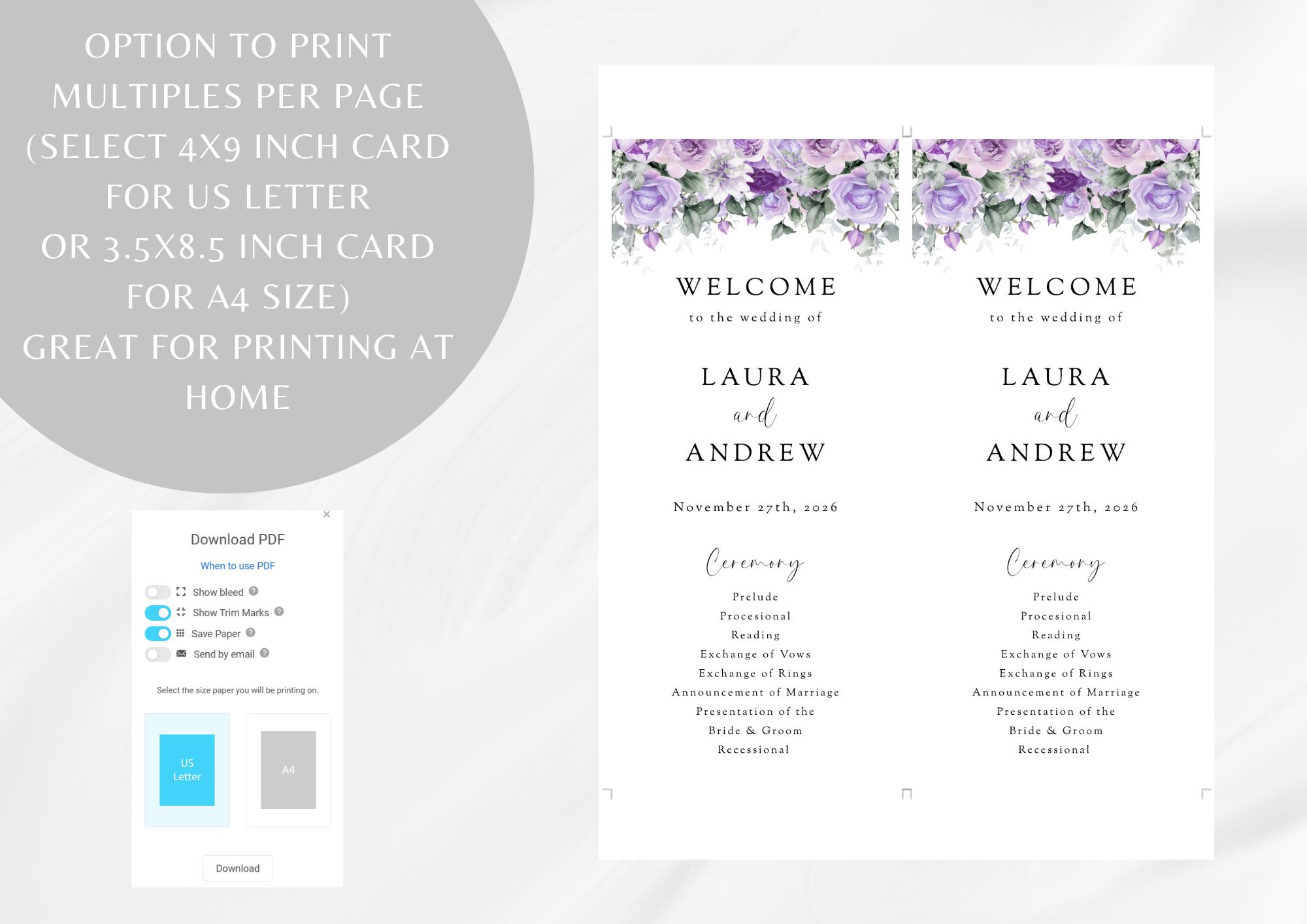 Purple Floral Wedding Program Template: Lilac Greenery, DIY Printable ...