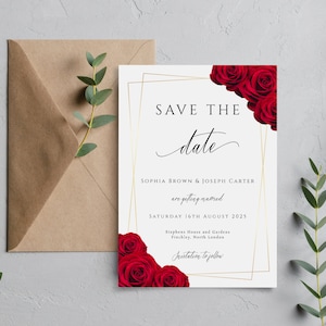 Rot und Gold Save the Date Einladungsvorlage, druckbare rote Rose Hochzeit Save the Date Einladung mit goldenem Rand, 5x7 editierbarer Download #BL6