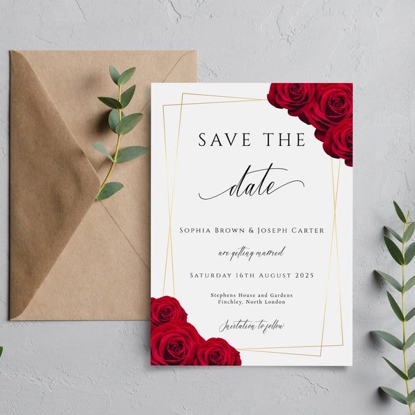 Red and gold save the date invitation template, printable red rose wedding save our date invite with gold border, 5x7 editable download #BL6