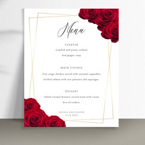 Szablon menu weselnego z czerwoną różą, karta menu weselnego w kolorze czerwonym i złotym, menu do wydrukowania ze złotą obwódką, menu DIY 8x10 do edycji #BL6