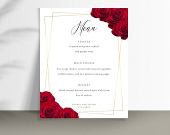 Peut inclure: Un menu de mariage avec un cadre doré et des roses rouges dans le coin. Le menu liste les options d'entrée, de plat principal et de dessert. Le texte en bas indique "Sophia et Joseph 17.12.2023".