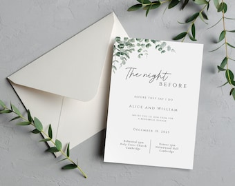 Modèle d'invitation au dîner de répétition d'eucalyptus, vert la nuit avant l'invitation imprimable, dîner de mariage de verdure, téléchargement modifiable BL9