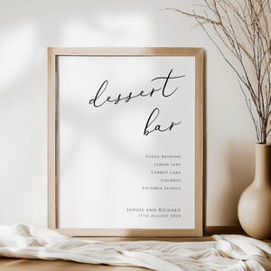 Plantilla de letrero para barra de postres de boda, letrero con escritura elegante y simple para imprimir, menú de postres atemporal, blanco y negro, descarga editable #BL10