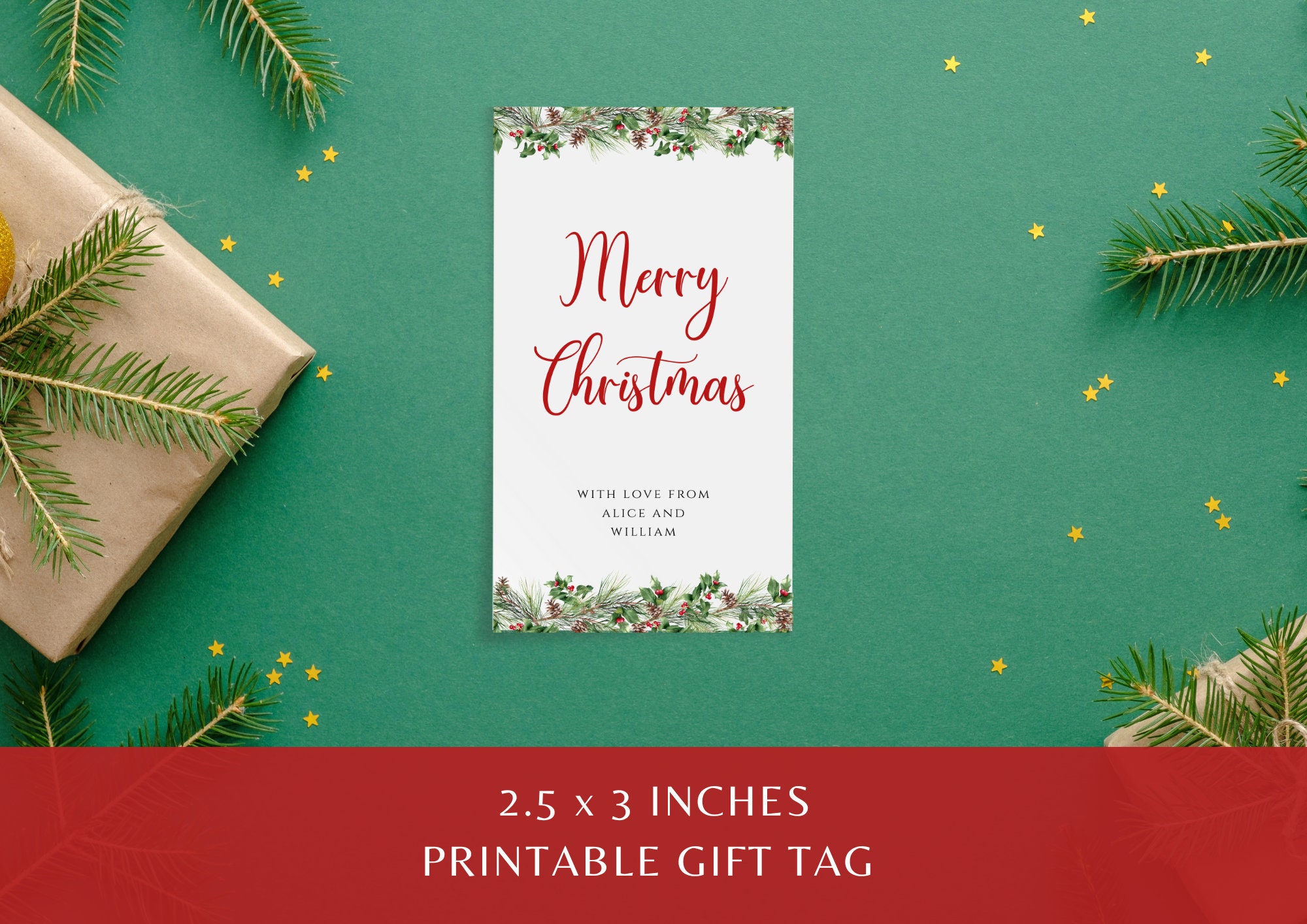 Christmas Holly Gift Tag Template, Printable Winter Greenery Party Tags ...