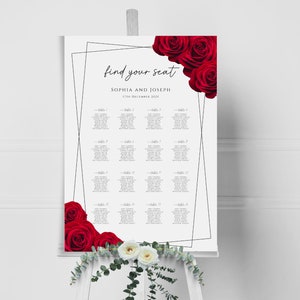 Rode roos bruiloft zitplaatsen grafieksjabloon, bruiloft tafelplan bewerkbaar, groot rood zitplaatsen bord afdrukbaar, plaatsnemen tempeldownload #BL2