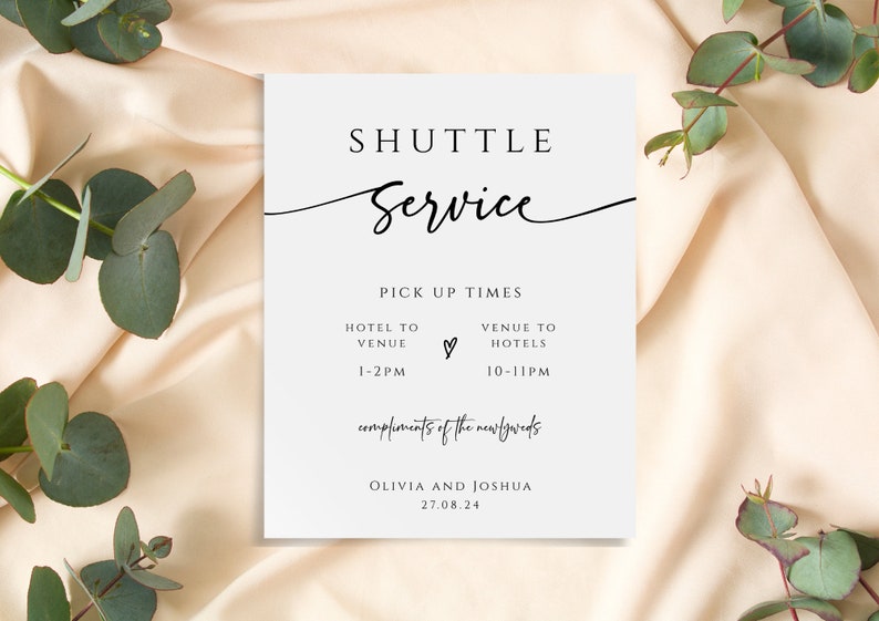 Wedding Shuttle Sign Template, Modern Wedding Transportation Printable ...