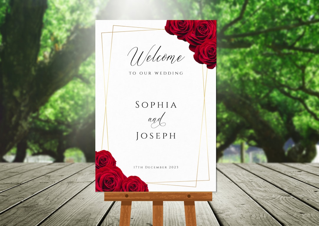 Red and Gold Welcome Sign Template, Red Rose Wedding Welcome Sign, Gold ...