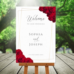 Plantilla de letrero de bienvenida en rojo y dorado, letrero de bienvenida para bodas con rosas rojas, letrero de boda con borde dorado para hacer uno mismo, imprimible, descarga editable #BL6