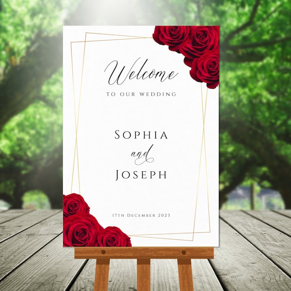 Red and gold welcome sign template, red rose wedding welcome sign, gold border diy wedding sign, printable, editable download #BL6