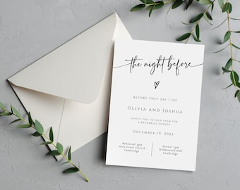 Modern Wedding Night Before Invitation Template: Simple Black & White Script Rehearsal Dinner Printable (Templett Digital Download BL77)