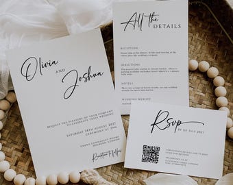 Minimalist Wedding Invitation Suite Template: Printable Black & White Script Invite Bundle (Templett Digital Download)