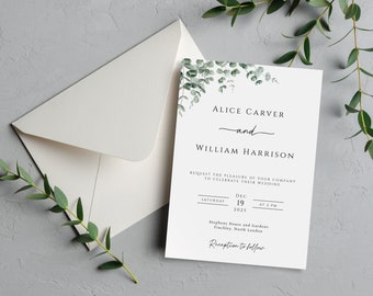 Modello di invito a nozze in eucalipto, invito stampabile nel verde, invito a nozze fai da te verde 5x7, download modificabile #BL9