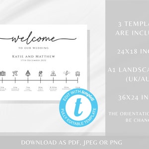 May include: A black and white wedding timeline printable with the text "Welcome to our wedding Katie and Matthew 17th December 2022". The timeline includes icons for ceremony, photos and drinks, speeches, cake cutting, first dance, evening buffet, and fireworks. The printable is available in three sizes: 24x18 inches, A1 landscape, and 36x24 inches. The text "Edit with Template" is in a blue circle with a white "t" in the center.