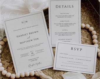 Editable Monogram Wedding Invitation Template • Minimalist Black & White Invite Suite With RSVP (Add A QR Code) Templett