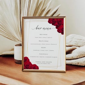 Plantilla de menú de barra de bodas en rojo y dorado, letrero de menú de bebidas con rosa roja imprimible, tarjeta de menú de barra de eventos con borde dorado, descarga editable de bricolaje #BL6