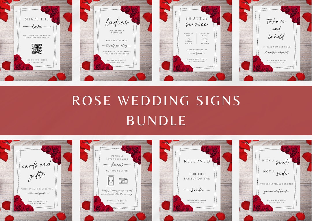 Red Rose Wedding Signs Bundle, Diy Wedding Printable Templates ...