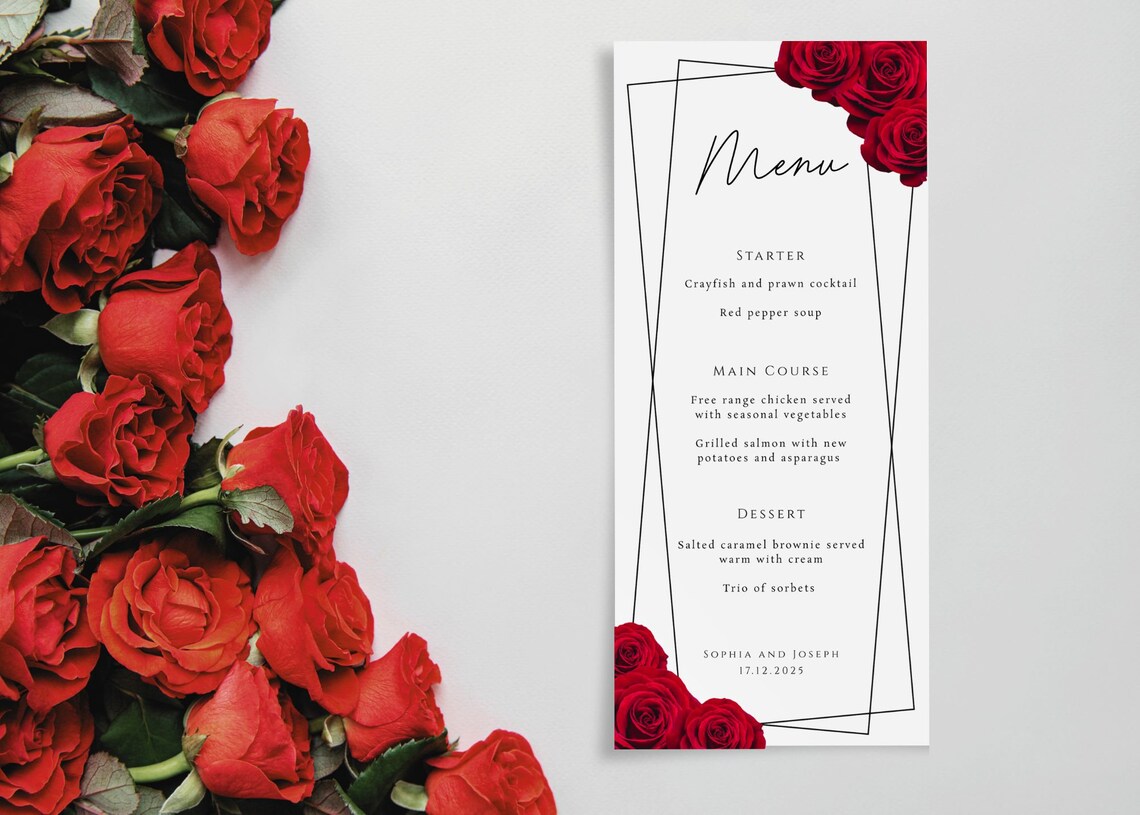 Red Wedding Menu Template, Red Rose Tall Wedding Menu Sign, Black ...