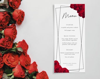 Red wedding menu template, red rose tall wedding menu sign, black border printable menu card, diy red dinner menu 4x9 editable download #B2
